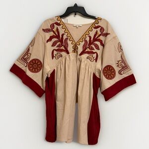 VEVERET Boho Embroidered Beige & Burgundy Tunic Top Size S Flowy Peasant Style